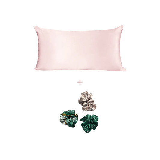 Pack - Funda de Seda con cierre Pink - King + Set 3 Scrunchies Large